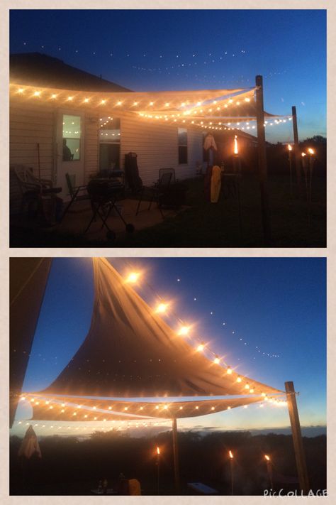 DIY sun sail & string lights patio project!!! Love!! :)                                                                                                                                                                                 More Yard String Lights, Deck Shade, Living Pool, Backyard Shade, Patio String Lights, Patio Projects, Pergola Lighting, Sun Sail Shade, Patio Shade