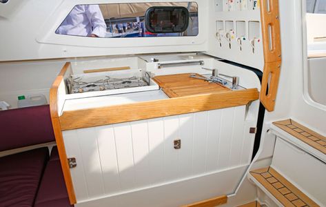 Sailboat Galley, Sailing Yacht Interior, Pilothouse Boat, Boat Upgrades, Trawler Boats, Boat Interior Design, Boat Galley, Sailboat Interior, Small Yachts