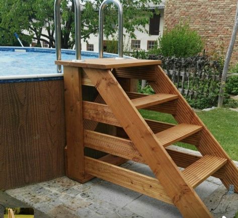 Pool stairs Stairs Backyard, Above Ground Pool Stairs, Pool Stairs, Above Ground Pool Steps, Decks Around Pools, Deck Piscina, Pool Deck Plans, Cheap Pool, Swimming Pool Decks