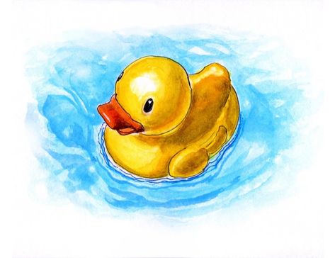 Watercolor painting of a yellow rubber duck in blue water Rubber Duck Sketch, Rubber Duck Painting, Draw A Duck, Duck In Water, Water Paint Art, Ducky Duck, Duck Illustration, Duck Cartoon, Duck Art