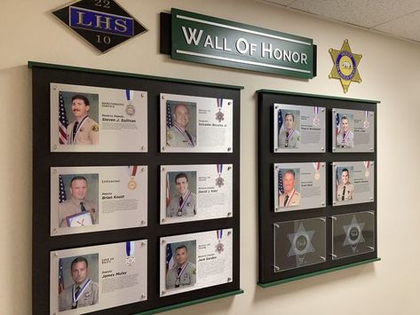 Plaque Wall Display Ideas, Employee Photo Wall, School Lounge, Donor Recognition Wall, Cardboard Crafts Decoration, Museum Wall, Search Rescue, Wall Of Honor, Photo Wall Display