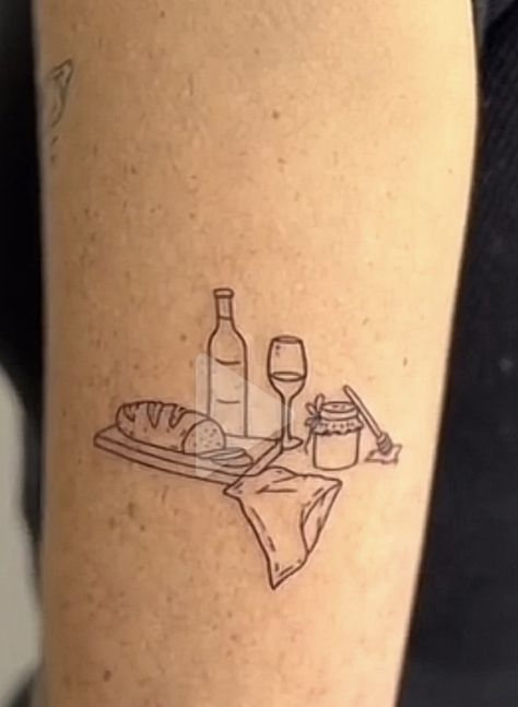 Cheese Board Tattoo, Food Tattoos For Women, Bread And Wine Tattoo, Charcuterie Board Tattoo, Table Tattoo Design, Wine And Cheese Tattoo, Charcuterie Tattoo, Tapas Tattoo, Baguette Tattoo