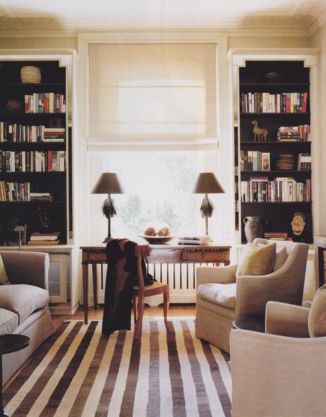 photos and resources from British Homes and Gardens, May 2005.London home re-imagined by interior designer, and home owner, Sheila Harley Long Narrow Living Room, Narrow Living Room, Lounge Design, Home Libraries, Plywood Furniture, Style At Home, A Living Room, Formal Living Rooms, Formal Living