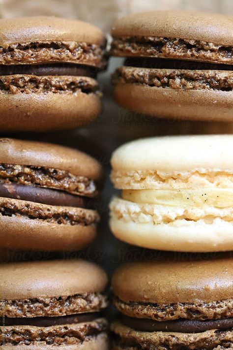 "Chocolate & Vanilla Macarons" by Stocksy Contributor "Monica Murphy" - Stocksy Vanilla Macarons, French Macarons, Macaroons, Macarons, Vanilla, Food Photography