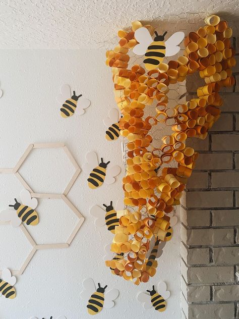 The ~Sweetest~ Rustic Bumble Bee Birthday Party or Baby Shower INSPO - Shop with Kendallyn Bee Hanging Decorations, Queen Bee Themed Birthday Party, Diy Bee Decorations Birthday Parties, Beehive Backdrop, Bee Decorations Diy, Bumble Bee Trunk Or Treat, A Little Honey Is On The Way Baby Shower Theme, Bee Themed Decor, Bee Theme Party Ideas