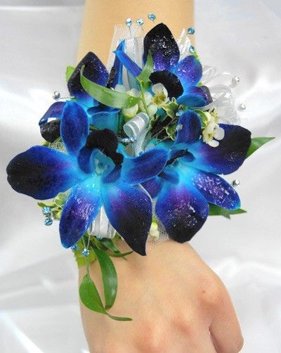 Blue Orchid Wedding, Orchid Corsage, Blue Corsage, Orchid Corsages, Wrist Corsage Prom, Homecoming Corsage, Prom Corsage And Boutonniere, Dendrobium Orchid, Corsage Ideas