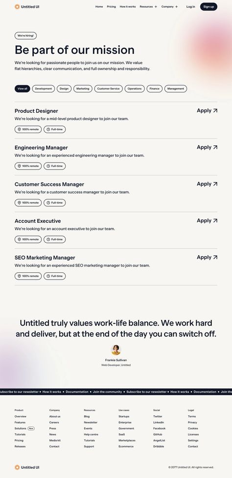Careers page — Untitled UI designed by Jordan Hughes®. Connect with them on Dribbble; the global community for designers and creative professionals. Web Layout Inspiration, Best Landing Page Design, Landing Page Inspiration, Adaptive Design, Modern Website Design, Ui Design Website, Creative Careers, Design Career, App Design Inspiration