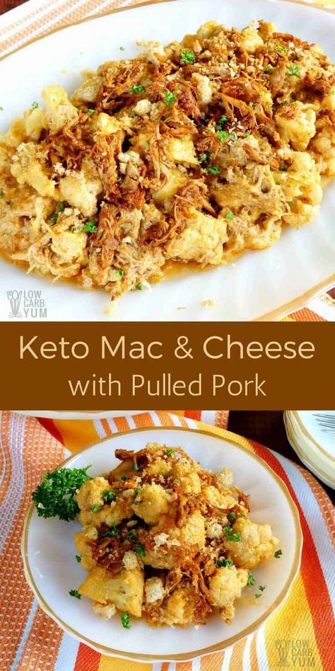 A simple keto mac and cheese with pulled pork is sure to be a winning dinner. And, it's a quick recipe that repurposes leftovers from a previous meal. Low Carb Pulled Pork, Keto Mac And Cheese, Diet Dinner Recipes, Keto Casserole, Simple Keto, Low Carb Diets, Easy Dinner Recipe, Diet Vegetarian, Low Carb Keto Recipes