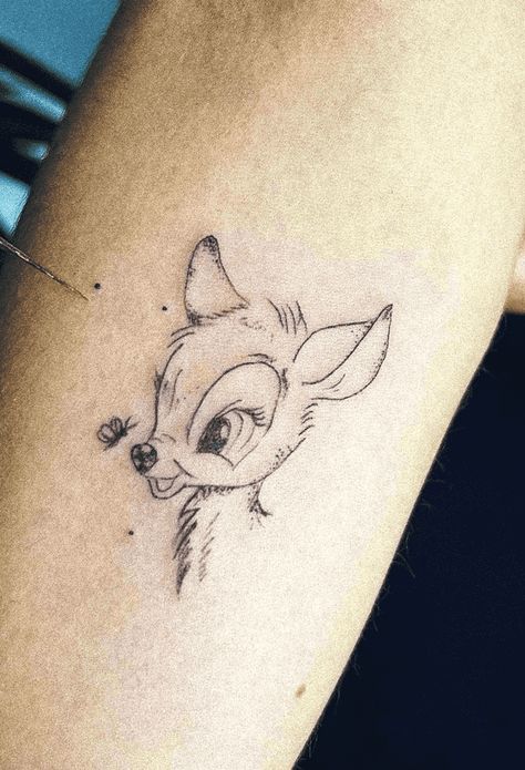 Bambi Tattoo Minimalist, Bambi Fine Line Tattoo, Lady And The Tramp Tattoo Couples, Bambi Thumper Tattoo, Bambi Tattoo Design, Cute Small Disney Tattoos, Disney Animal Tattoos, Bambi Tattoo Disney, Bambi And Thumper Tattoo