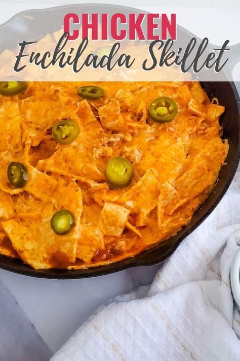 Chicken Enchilada Skillet is easy and flavorful. It doesn't require a lot of prep and only requires one pan for easy clean up. 4 Ingredient Chicken Enchilada Casserole, Skillet Enchilada Casserole, Doritos Chicken Tenders, Lazy Enchiladas, Dorito Chicken Tenders, Skillet Enchiladas, Doritos Chicken, Enchilada Skillet, Chicken Enchilada Skillet