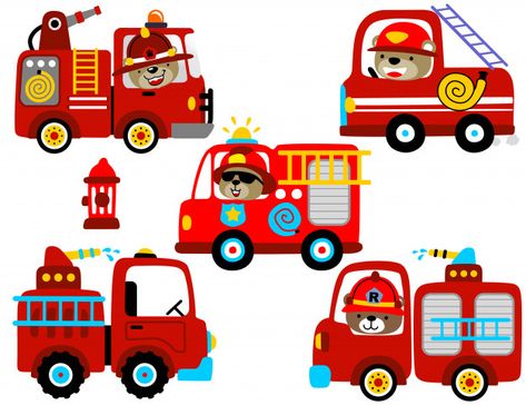 Vector set of fire engine cartoon with funny driver Auto Illustration, Car Wash Services, Car Icons, Funny Bears, City Illustration, Seamless Pattern Vector, Fire Engine, Fire Truck, Police Cars