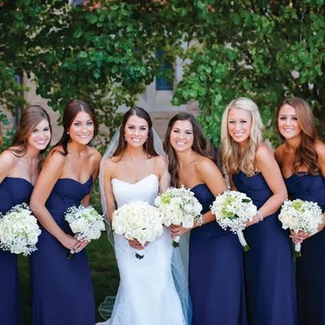 Love the wedding dress, the bridesmaid dresses, and color scheme/flowers Bridesmaid Bouquet White, Navy Bridesmaids, Navy Bridesmaid Dresses, Navy Wedding, Bridesmaids And Groomsmen, Wedding Wishes, Bridesmaid Bouquet, Wedding Attire, Blue Wedding