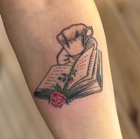 Rose Book Tattoo, Rose Tattoo Beauty And The Beast, Beauty And The Beast Book Tattoo, Steel Magnolias Tattoo Ideas, Book And Coffee Tattoo, Cool Nature Tattoos, Beauty And The Beast Book, Nature Tattoo Ideas, Beast Tattoo