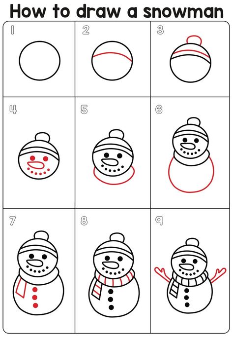 How To Draw A Snowman, Snowman Doodle, Christmas Drawings For Kids, Trin For Trin Tegning, Easy Kids Christmas, Reindeer Drawing, Draw A Snowman, Easy Christmas Drawings, Snowman Art