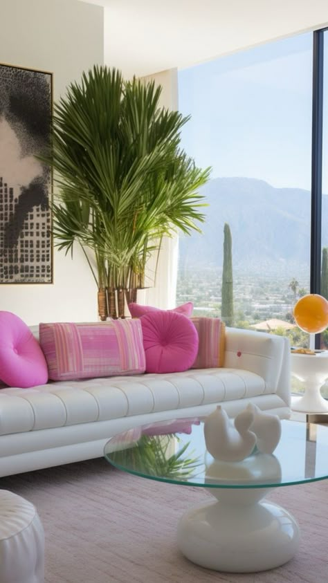 Cosmopolitan Living Room, Living Room Aesthetic Colorful, White Interior With Pops Of Color, Pink Aesthetic Interior Design, Bright Pink Decor, Feminine Maximalist Decor, Feminine House Decor, White Living Room With Pops Of Color, Bright Colorful Living Room Ideas