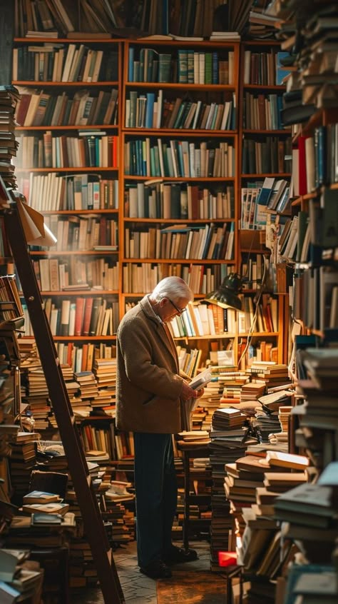 Antique Bookstore, Cinematic Ideas, Bookstore Photos, Cool Coffee Shops, Preston Blair, Library Photoshoot, Alone In A Crowd, Reading Images, Old Man Pictures