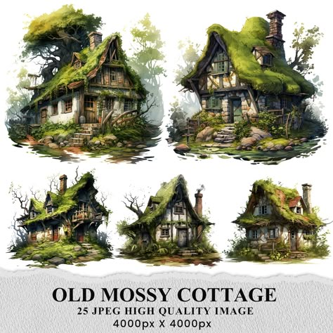 Green Cottage House, Cottage Concept Art, Mossy Cottage, Cottage Clipart, Moss House, Moss Cottage, Cottage Watercolor, Watercolor Cottage, Wolverine Costume