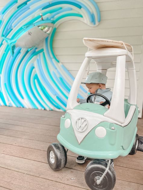 Parkers First Birthday Party! - Shark Theme, Beachy, Boho Vibes! Cozy Coupe Makeover Boys, Diy Cozy Coupe, Little Tikes Makeover, Cozy Coupe Makeover, Surf Birthday Party, Birthday Deco, Surf Birthday, Surf Party, Beachy Boho