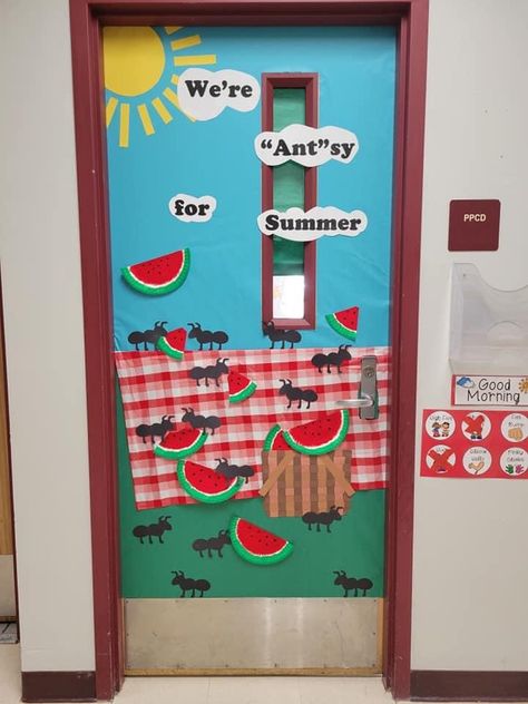 Summer Classroom Door “We’re “antsy” for Summer” picnic basket, watermelon, ants, sun, clouds, sky, red, white, checkered, blanket Summer Ideas For Classroom Doors, Summer Birthday Wall Ideas For Classroom, Summer Time Classroom Door Ideas, May Themed Classroom Door Ideas, Ants Bulletin Board Ideas, June Classroom Themes, Picnic Classroom Decor, Summer Doors For Daycare, Summer Time Door Decorations For School