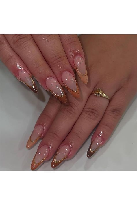 24pcs French Tip Press on Nails Medium Length Almond Fake Nails Set Nude Brown Edge Stick on Nails Glitter Gold Removable Glue-on Nails Acrylic False Nails Set Women Nail Art Accessories Holiday Nail Set, Nutella Milk, Acrylic Nails Stiletto, Gold Acrylic Nails, Brown Nails Design, Press On Nails Medium, Ombre Acrylic Nails, Brownie Batter, Nails Medium