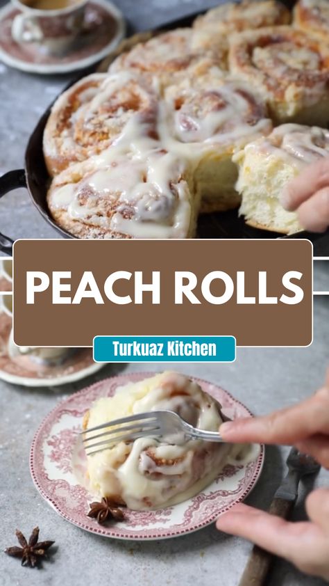 Turkuaz Kitchen Peach Rolls Peach Sweet Rolls, Peach Rolls, Peach Cinnamon Rolls, Tasty Dessert, Sugar Eggs, Sweet Roll, Peaches N Cream, Breakfast Bake, Bread Flour