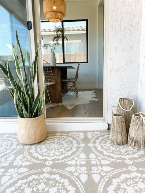 Stenciled Concrete Floor, Paint Concrete Patio, Stencil Concrete, Concrete Patio Makeover, Painting Front Porch, Cement Patio, Concrete Patio Designs, Painted Concrete Floors, Painted Front Porches