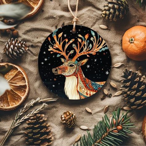 Introducing our Bohemian Christmas Deer Circle Ornament--a perfect fusion of whimsical charm and festive spirit. This round ornament features a beautifully detailed, boho-inspired deer design, adding a touch of artistic flair to your holiday decor. Ideal as a car hanging ornament or a unique addition to your Christmas tree, it brings a blend of elegance and creativity to any setting. Celebrate the season with this enchanting ornament and infuse your festivities with a dash of bohemian magic. Ret Globe Christmas Ornament, Forest Theme Christmas Tree, Christmas Painted Ornaments, Kid Made Ornaments, Round Wood Decor, Painted Wood Ornaments, Natural Christmas Ornaments, Christmas Ornaments Wood, Scandinavian Christmas Ornaments