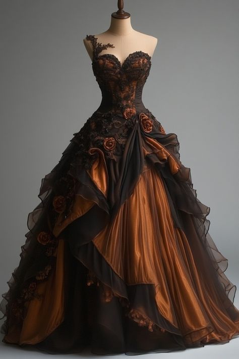 Fall Ball Gown, Halloween Ballgown, Prom Dress Corset, Orange Dress Wedding, Queen Of Halloween, Traditional Women, Old Fashion Dresses, Gown Inspiration, Fantasy Gowns