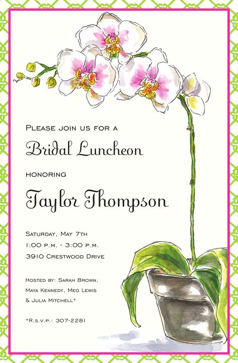 Bridal Showers and Luncheons - partyinvitations.com Orchid Invitation, Open House Invitation, Traditional Invitation, Bridal Luncheon, Pink Bridal Shower, Flower Shower, Trellis Pattern, Beautiful Orchids, White Hydrangea