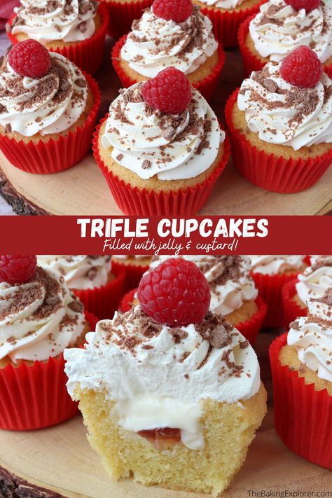 Recipe for Trifle Cupcakes - a delicious light sponge filled with jelly and custard, and topped with whipped cream and chocolate. The classic British dessert has been combined with a cupcake to create this tasty treat! #thebakingexplorer #britishfood #cupcakerecipe #jellyandcustard #whippedcream Lindt Truffle Cupcakes, English Trifle Recipe Easy, British Trifle, Traditional English Trifle, Gulab Jamun Trifle, Portable Dessert, Uk Food, British Desserts, Strawberry Jelly