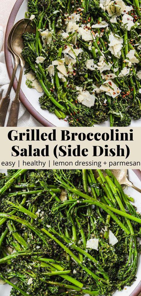 Grilled Broccolini Salad (Side Dish) | Walder Wellness, RD Broccolini Salad Recipe, Broccolini Salad, Dr Wilson, Broccolini Recipe, Grilled Broccolini, Lemon Vinaigrette Dressing, Roasted Broccolini, Shaved Parmesan, Steak Side Dishes