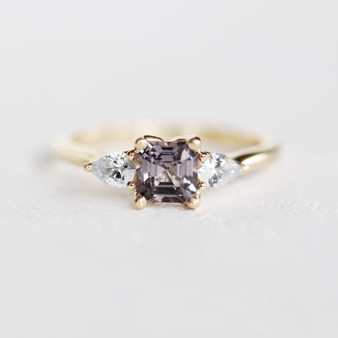 Oleander Setting with an Asscher Cut Spinel and White Sapphire in 14k Yellow Gold - Ready to Size and Ship - MIDWINTER CO. Gray Sapphire, Gem Engagement Rings, Asscher Cut Ring, Grey Sapphire, Bespoke Engagement Ring, Asscher Cut, Instagram Look, Unique Diamonds, Rings Jewelry