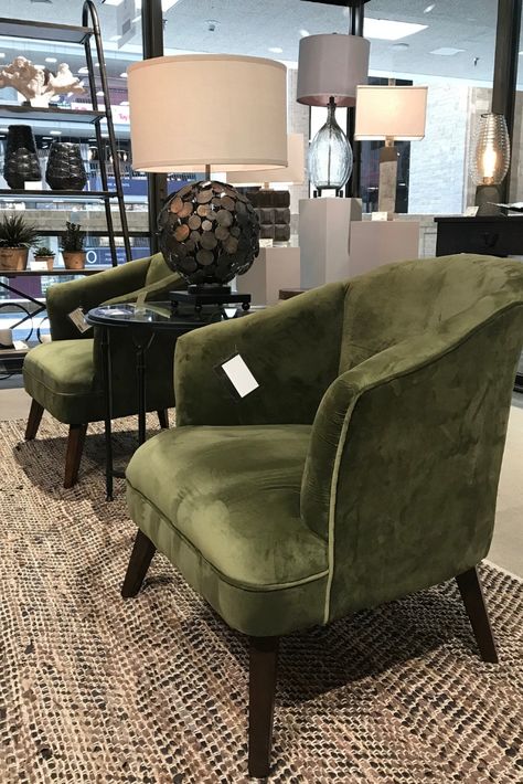 Sleek design on this olive green velvet slipper chair.  And look at that lamp! Olive Sofa, Olive Green Velvet, Velvet Slippers, Occasional Chair, Green Chair, Single Sofa, Occasional Chairs, Green Velvet, Slipper Chair