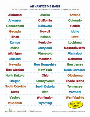 This simple game dares kids to mix up the names of all 50 states, then put them back in alphabetical order. 50 States In Alphabetical Order, Aesthetic Popsockets, States In Alphabetical Order, Fifth Grade Worksheets, Song Worksheet, Alphabetical Order Worksheets, State Song, Homeschool Binder, United States Geography