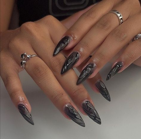 2000 Inspired Nails, Black Acrylic Nails Almond, Aries Nails, Nails Sharp, Acrylic Nails Almond, Nails Goth, Nails With Design, Bday Nails, Funky Fingers