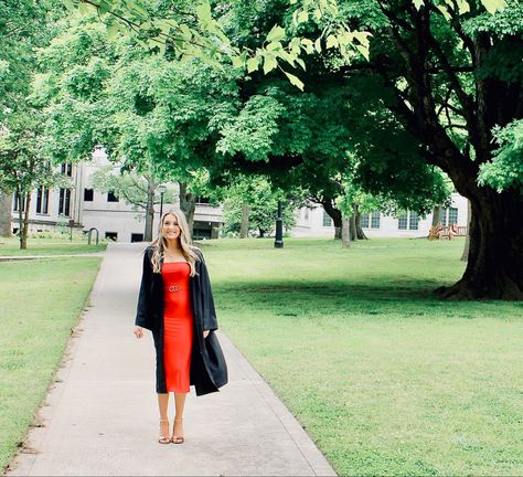 Red strapless dress, graduation dress, college graduation dress ideas, gold heels. Red Graduation Dress College, Red Dress For Graduation, College Graduation Dress Ideas, Red Graduation Dress, College Graduation Dress, Strapless Red Dress, Dress For Graduation, Graduation Dress Ideas, Graduation Dress College