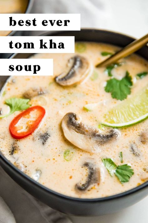 Best Ever Tom Kha Gai Soup (Thai Coconut Chicken Soup) Tom Chi Guy, Coconut Broth Soup, Coconut Tofu Soup, Coconut Lime Soup, Thai Broth Soup, Lemongrass Soup Recipe, Tom Ka Soup Recipe, Thai Coconut Shrimp Soup, Soups With Coconut Milk