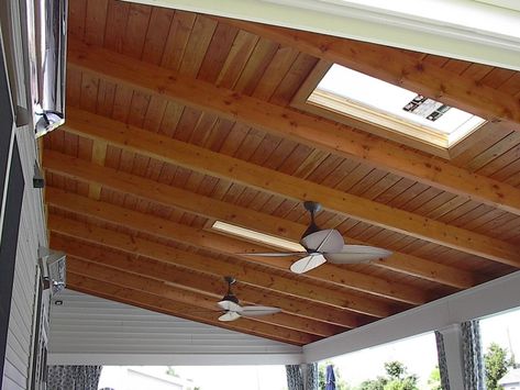 Want to install an outdoor ceiling fan directly to exposed 2x4 on a covered porch - Home Improvement Stack Exchange Gable Roof Porch, Modern Skylights, Stairway Ideas, Exposed Wood Ceilings, Screened Porch Designs, Exposed Rafters, Porch Ceiling, Porch Roof, Patio Projects