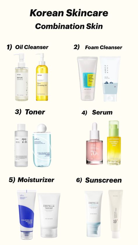 Korean skincare, combination skincare, combinational skincare Skin Care Routine Combination Korean Skincare, Skin Care Korean Products Aesthetic, Face Products For Combination Skin, Korean Skin Care Products For Combination Skin, Skincare Combination Skin Products, Korean Beauty Skincare Routine, Skincare Tips For Combination Skin, Korean Skincare Routine Combination Skin, Skincare Combo Skin