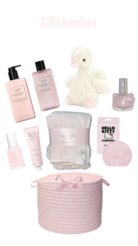 Pink Goodie Basket, Goodie Basket, Pink Basket, Christmas Wishlist, Gift Basket, Essie, Gift Baskets, Victoria Secret, Hello Kitty