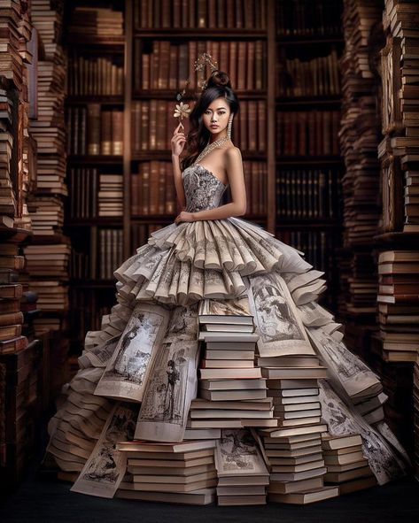 Book Dresses, Themed Dresses, Junk Kouture, Photography Artistique, Paris Prom, Fashion Show Themes, Book Costumes, Book Dress, Recycled Dress