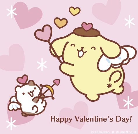 Pompompurin Valentines Day, Valentines Sanrio Wallpaper, Chibi Valentines Day, Sanrio Valentines Day Card, Valentines Day Pfp Matching, Valentines Day Cartoon Aesthetic, Valentines Day Sanrio, Sanrio Valentines Day Wallpaper, Pfp Valentines