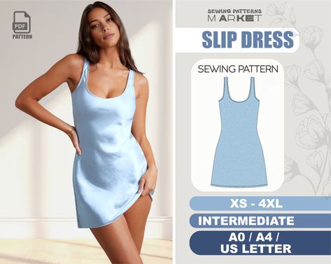 Slip Dress Sewing Pattern - A Beginner-Friendly, Simple Dress Pattern in Plus Sizes Silk Dress Sewing, Dress Pattern Simple, Beginner Dress Pattern, Slip Dress Sewing Pattern, Pattern Silk Dress, Slip Dress Pattern, Unique Sewing Patterns, Short Slip Dress, Simple Dress Pattern