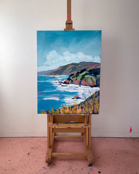 I’ve travelled up and down the American West Coast several times and it never fails to inspire me.⁠ ⁠ I recently painted a collection in the Pacific Northwest, but I wanted to return to the place I’d visited first—Big Sur.⁠ ⁠ Big Sur, jutting out into the sea, making itself known, always feels a bit like a camera (canvas) hog, but not without reason. It's stunning, jaw-dropping, and begs you to pull over on the side of the road to paint (swipe to see just that ha).⁠ ⁠ I did then. And I do now... Big Sur Painting, Colorful Landscape Paintings, Big Sur California, Bold Art, Expressive Art, Canadian Art, Ocean Painting, California Dreaming, Mountain Paintings