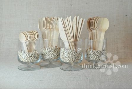 Nice way to display cutlery (",) Cutlery Display, Silverware Display, Wooden Flatware, Wooden Silverware, Party Utensils, Party Cutlery, Wooden Cutlery, Wood Utensils, Plastic Ware