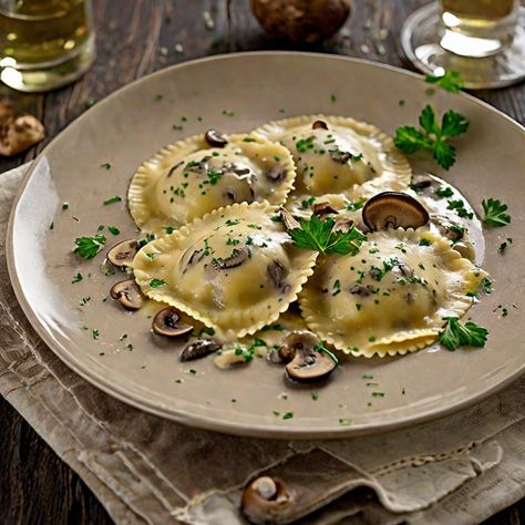 Mushroom and Truffle Ravioli with Porcini Cream Sauce Recipe Truffle Mushroom Ravioli, Truffle Recipe Mushroom, Mushroom Plating, Truffle Ravioli Recipe, Gourmet Ravioli, Ravioli With Mushrooms, Wedding Pasta, Truffle Ravioli, Ranch Recipes