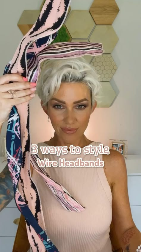 Pixie With Hairband, Pixie Haircut With Scarf, Pixie Hairstyles With Accessories, Headband On Pixie Hair, Headscarf Ideas For Short Hair, Short Hair Headscarf, Short Hair Styles With Scarf, Short Hair With Scarf Hairstyles, Short Hair With Scarf