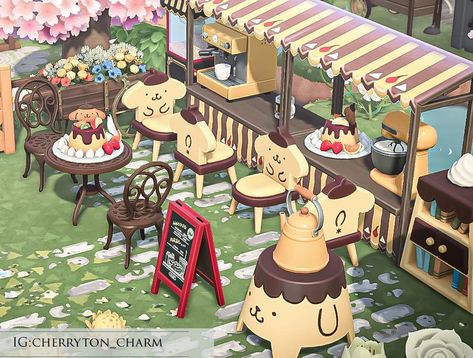 Cafe Acnh, Acnh Sanrio, Pompompurin Cafe, Animal Crossing Island Ideas, Sanrio Cafe, Animal Crossing Cafe, Motif Acnl, Animal Crossing 3ds, Animal Crossing Guide