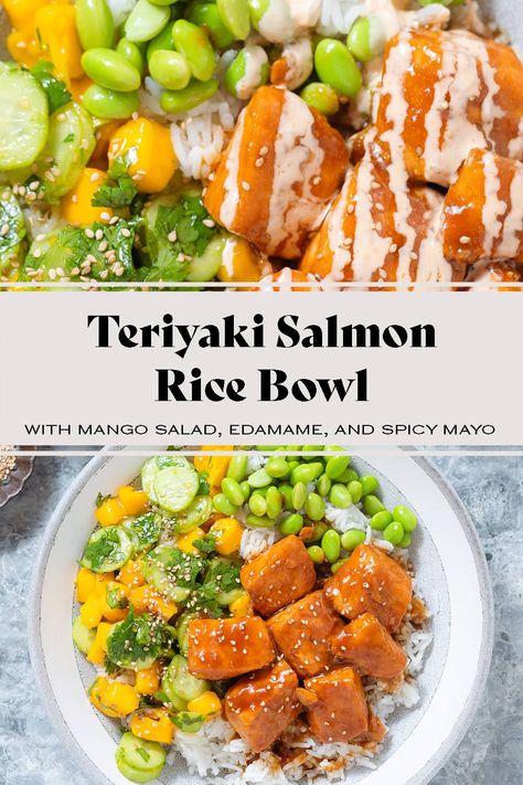 Teriyaki Salmon Rice Bowl, Salad Edamame, Teriyaki Salmon Bowl, Cucumber Mango, Salmon Rice Bowl, Salmon Rice, Crab Dishes, Marinated Salmon, Fresh Cucumber