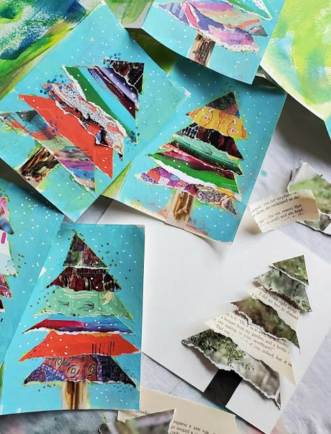 Tutorial: How to make holiday cards with scrap paper | the ReFab Diaries Newspaper Christmas Crafts, Art Craft For Preschoolers, Christmas School Art Projects, Scrap Paper Art Projects, Recycled Crafts For Christmas, Recycled Cards Ideas, Christmas Art Class Projects, What To Do With Scrap Paper, Popup Christmas Cards Diy